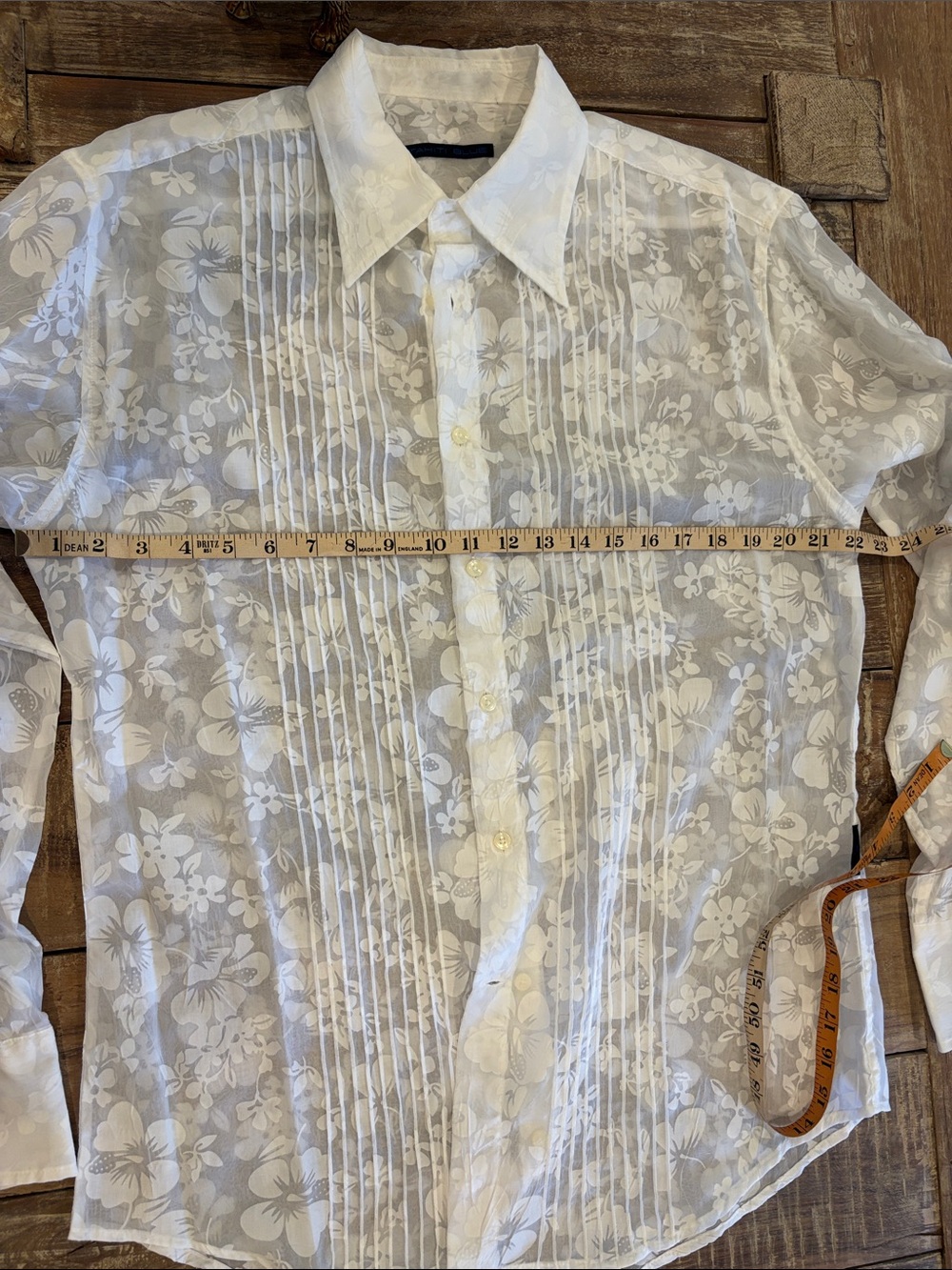 Vintage Y2K Tahiti Blue White Sheer Floral Pintuck Tuxedo Blouse Top Size L - Picture 9 of 11